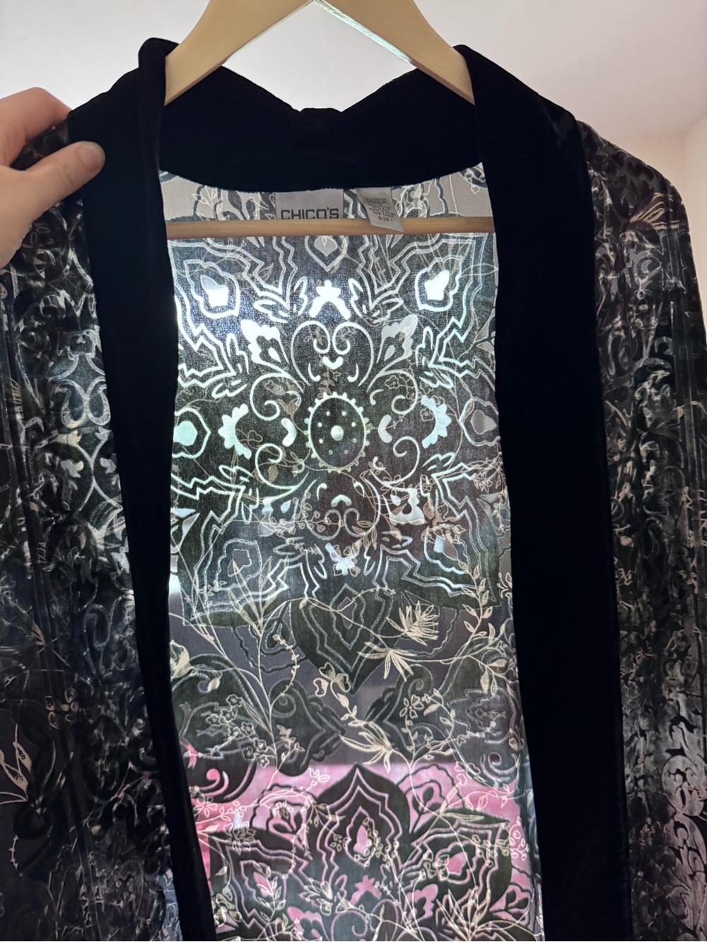 Chico's Velvet Open-Front Jacket in Black and Silver Floral Print - Picture 9 of 10